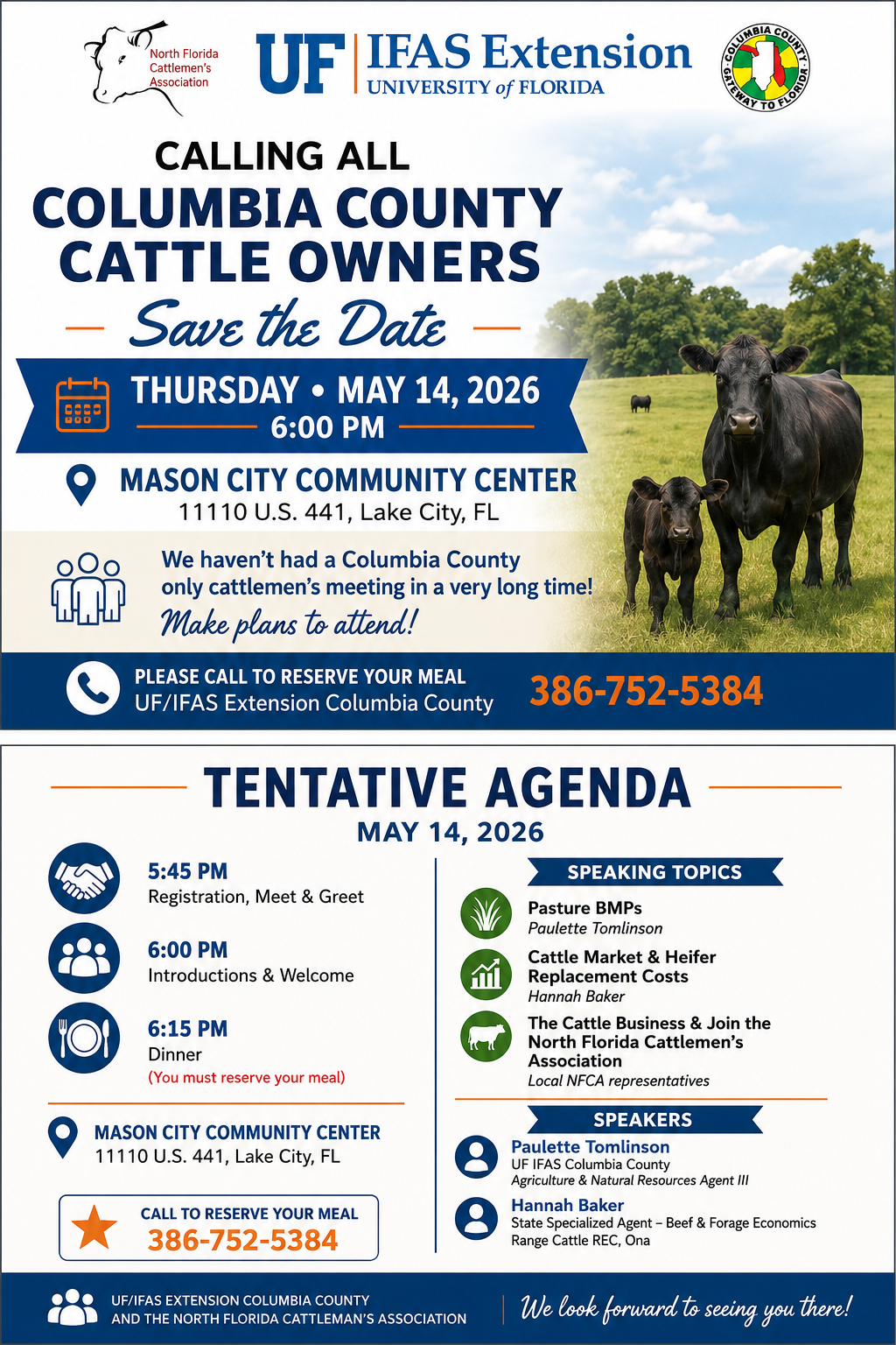 Flyer promoting the Columbia County Cattlemen’s Meeting on May 14, 2026, at the Mason City Community Center in Lake City, Florida.