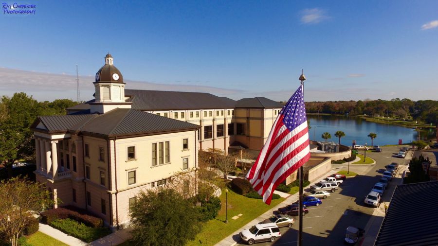 Columbia County Courthouse entrance with flags