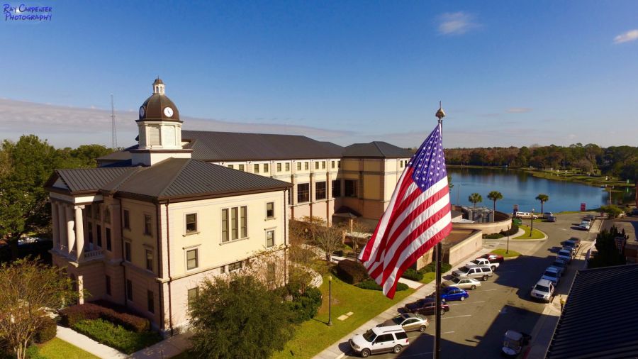 Courthouse with American flag flying